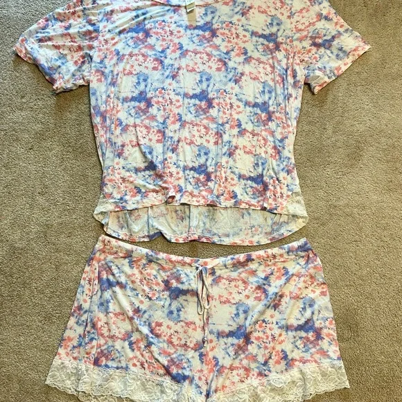 Jessica Simpson Pink Blue Lace Trim Pajama Set Shorts Sleepwear. So Soft! Large - Picture 3 of 6